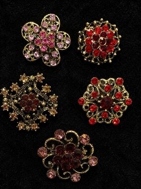 Vintage Rhinestone Brooch Lot of 5 Gold Tone Floral Snowflake Pins Retro Jewelry